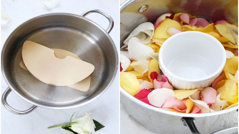 Arrange the rose petals around the bowl and pour water to submerge the petals