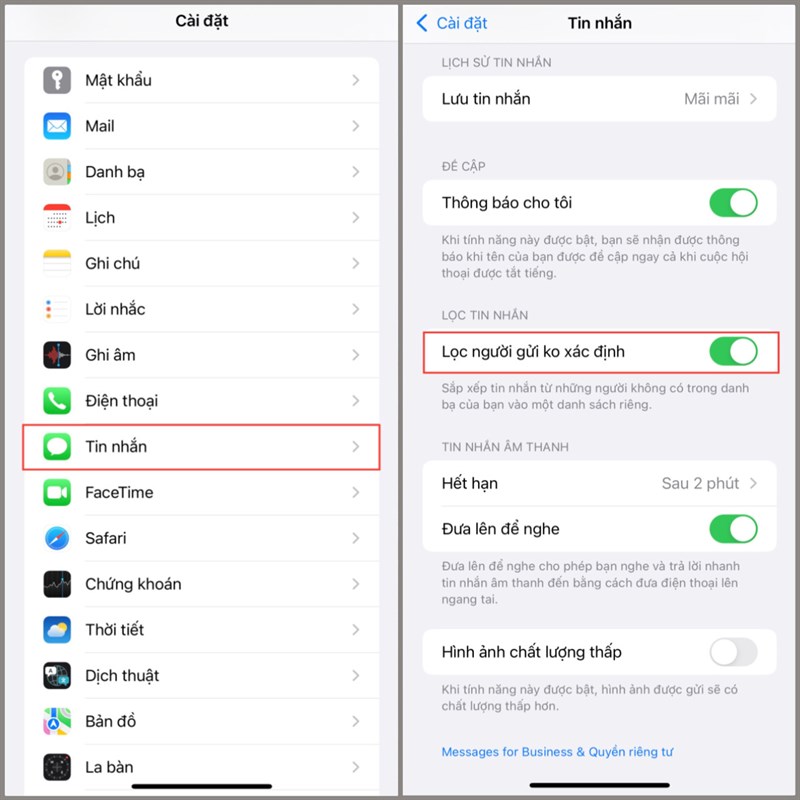 Cách ẩn tin nhắn được gửi từ người dùng không xác định trên iPhone
