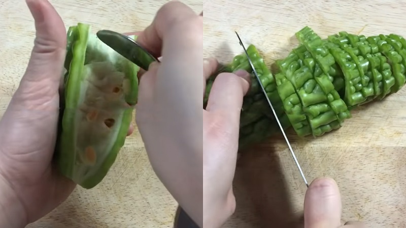Remove the seeds of bitter melon and slice it thin