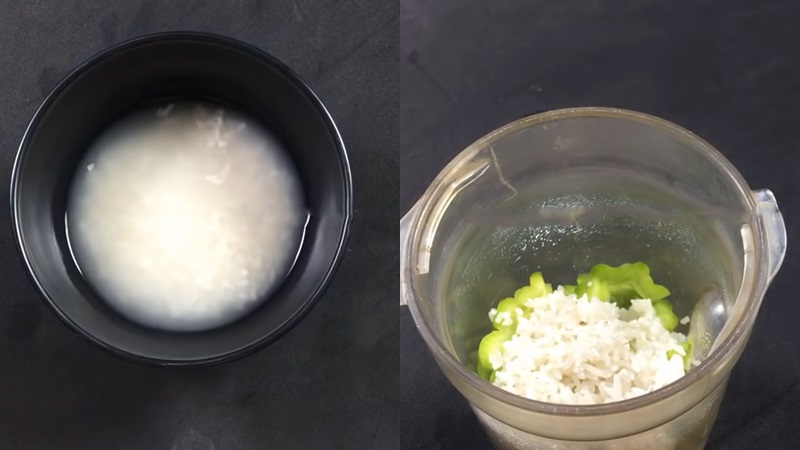 Vo sạch gạo, cho vào máy xay sinh tố cùng với khổ qua