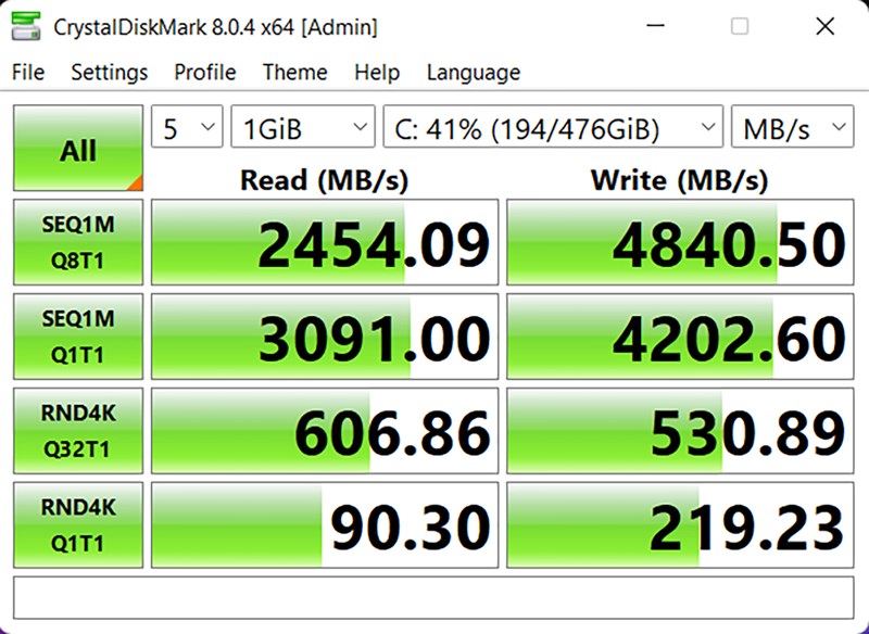 Đo tốc độ đọc/ghi của ổ cứng SSD 512 GB bên trong Lenovo Legion 5 15ITH6.