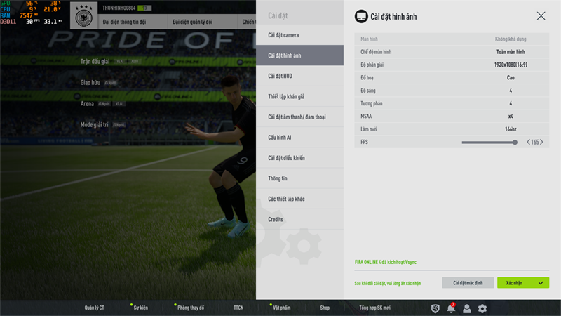 Thiết lập đồ họa trong FIFA Online 4 mà mình chỉnh để test hiệu năng Lenovo Legion 5 15ITH6.
