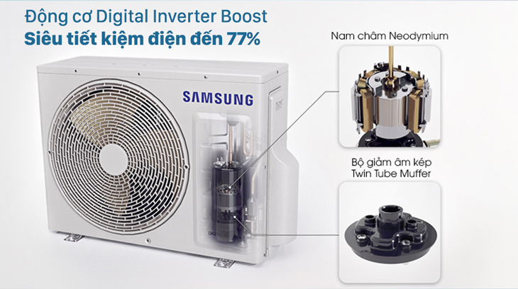 Máy lạnh Samsung Wind-Free Inverter 1 HP AR10TYGCDWKNSV được trang bị động cơ Digital Inverter Boost giúp tiết kiệm điện năng lên đến 77%.