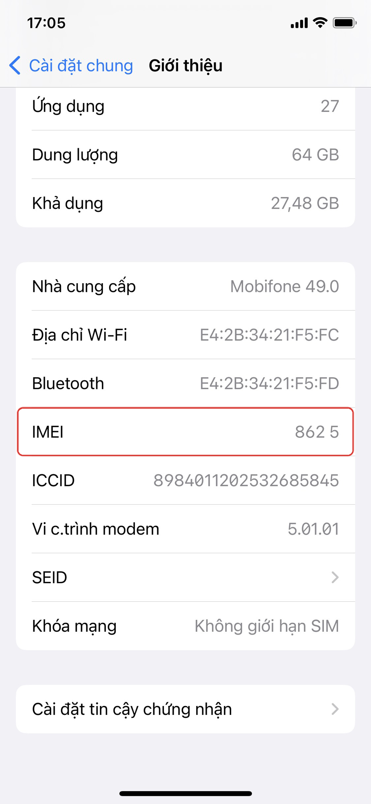 Cách xem IMEI trên iPhone