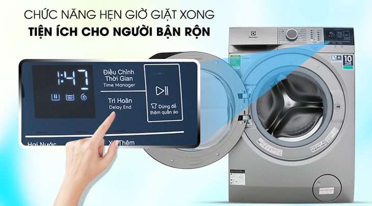 Tích hợp chức năng hẹn giờ giặt xong giúp người dùng cài đặt thời gian giặt nhằm tiết kiệm thời gian