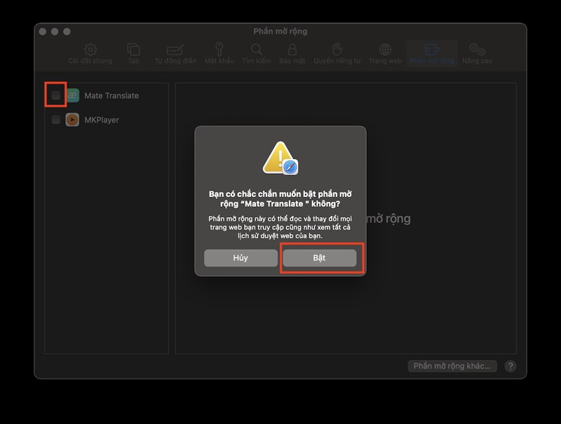 Bật phần mở rộng cho Mate Translate