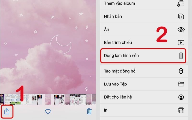 Chọn ảnh bất kỳ, bấm vào biểu tượng chia sẻ và chọn Dùng làm hình nền