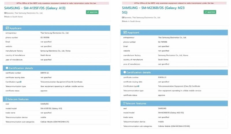 Samsung Galaxy A13 4G và Galaxy M23 5G đạt được chứng nhận NBTC