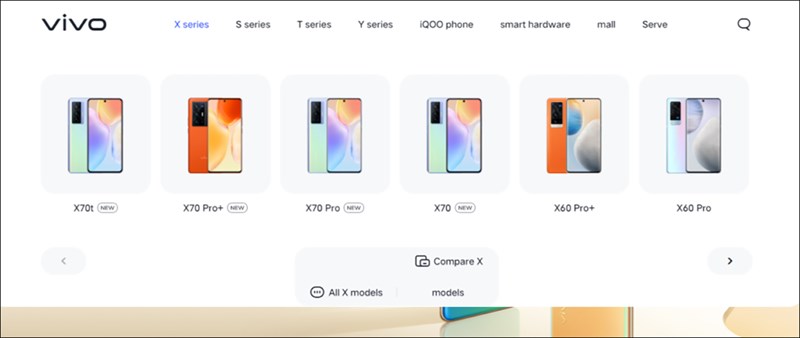 Ảnh chụp màn hình trang web của Vivo Trung Quốc