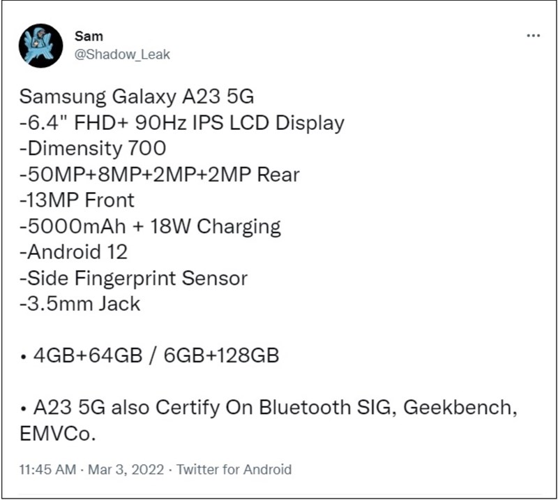Thông số kỹ thuật Galaxy A23 5G bị rò rỉ, có vẻ sắp ra mắt