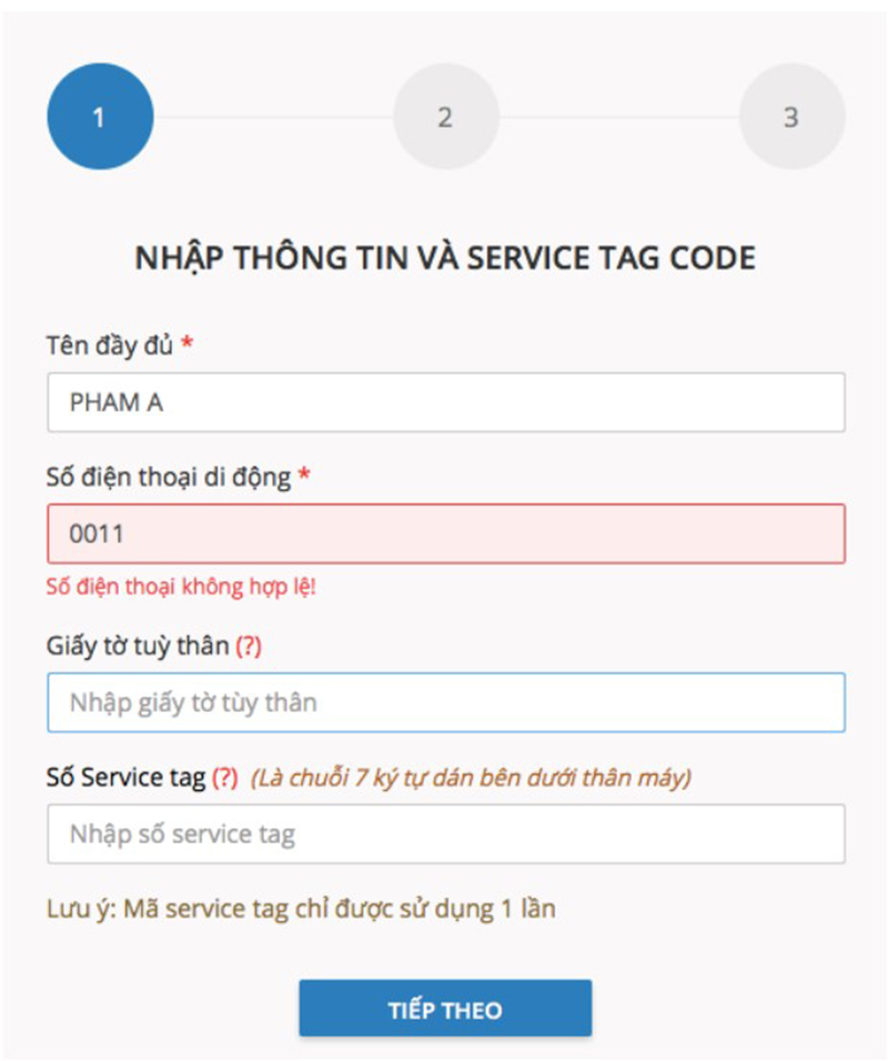 Trường hợp nhập sai số điện thoại, hệ thống yêu cầu nhập lại