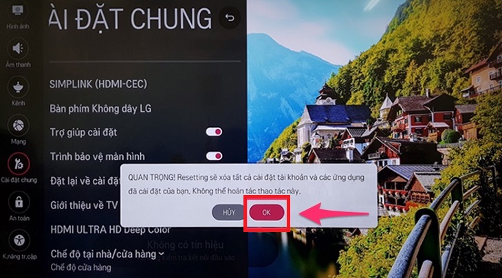 Chọn OK là tivi sẽ tự thực hiện khôi phục lại