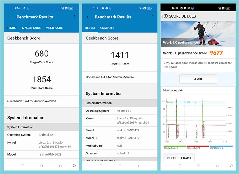 Kết quả bài test GeekBench 5 (bên trái và chính giữa) và PCMark (bên phải) trên Realme 9 Pro.
