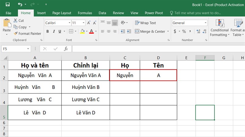 Cách tách họ và tên trong Excel bằng phím tắt cực nhanh