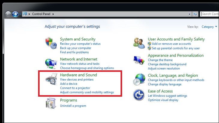 Bạn chọn Hardware and Sound (Phần cứng và âm thanh)