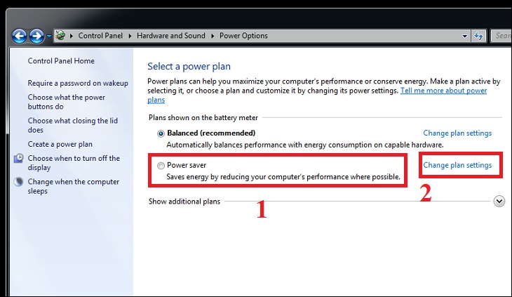 Chọn Power Options, chọn tiếp Change plan settings