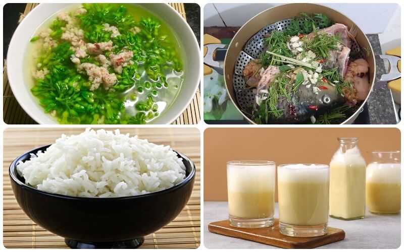 Canh hoa thiên lý và thịt nạc, cá chép hấp thì là và hành, ly sữa ông thọ