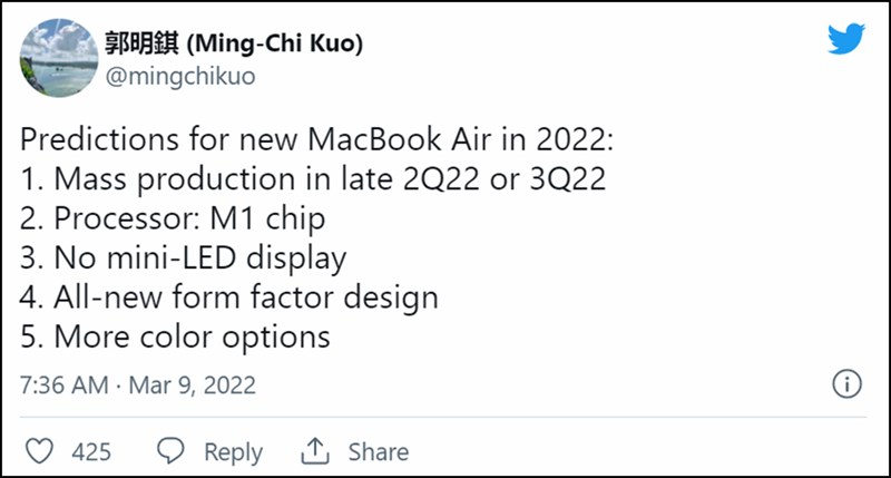 Những dự đoán mới về MacBook Air 2022