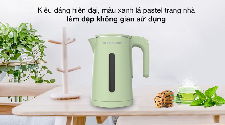 Bình đun siêu tốc Sunhouse 1.8 lít SHD1353 có kiểu dáng hình trụ hiện đại, màu xanh lá tông pastel trang nhã làm đẹp không gian sử dụng Bình đun siêu tốc Sunhouse 1.8 lít SHD1353 có kiểu dáng hình trụ hiện đại, màu xanh lá tông pastel trang nhã làm đẹp không gian sử dụng
