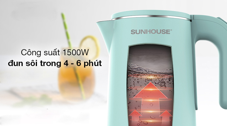 Bình đun siêu tốc Sunhouse 1.8 lít SHD1351 có công suất 1500W giúp bạn đun sôi nước trong 4 - 6 phút Bình đun siêu tốc Sunhouse 1.8 lít SHD1351 có công suất 1500W giúp bạn đun sôi nước trong 4 - 6 phút