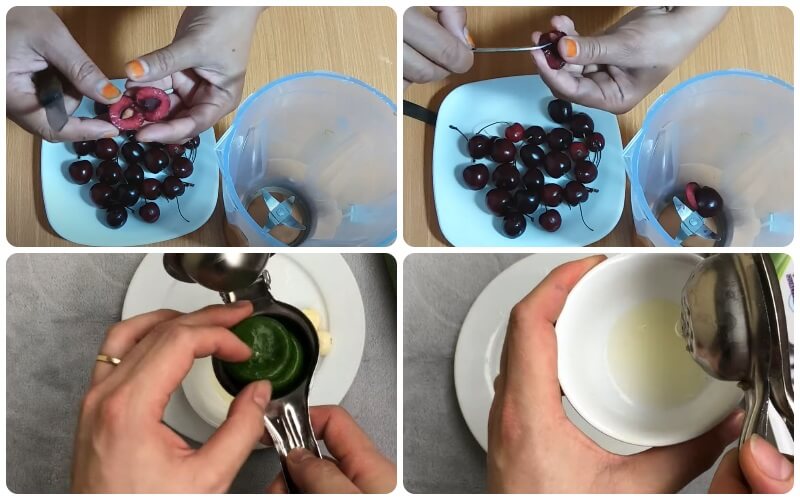 Bỏ hạt và cho quả cherry vào cối xay cùng với vắt nước cốt chanh
