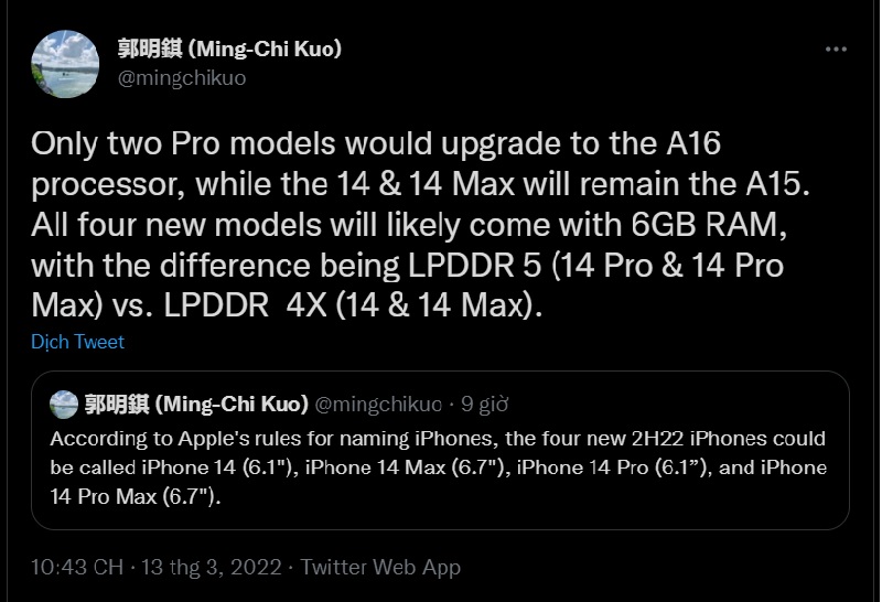 Đoạn tweet chia sẻ thông tin rò rỉ của iPhone 14 từ ông Ming-Chi Kuo. Đoạn tweet chia sẻ thông tin rò rỉ của iPhone 14 từ ông Ming-Chi Kuo.