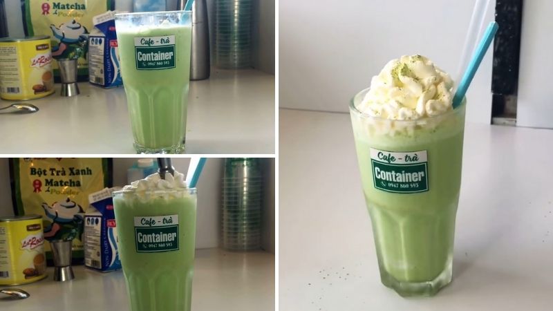 Cho kem topping vào hỗn hợp matcha đã xay