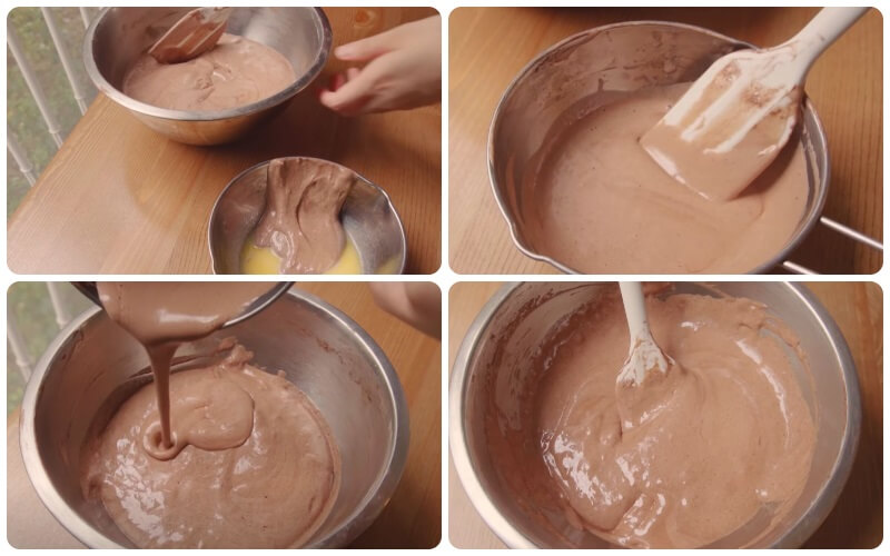 Trộn ít bột cacao với phần bơ sữa ban đầu rồi đổ ngược lại, trộn đều