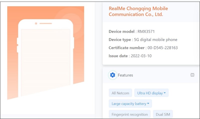 Toàn bộ cấu hình Realme RMX3571 được tiết lộ trên trang TENAA