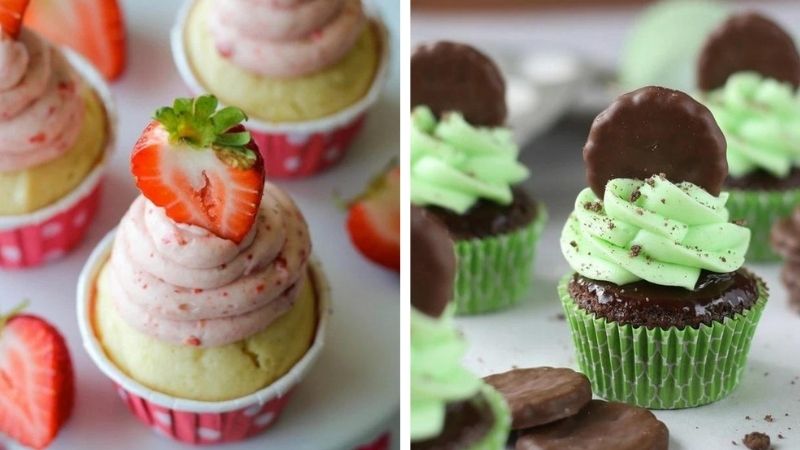 Bánh cupcake được trang trí thêm trái cây và bánh