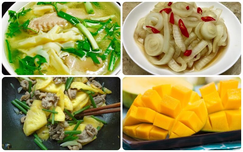 Bamboo shoot soup with duck, stir-fried duck with pineapple, sweet and sour onions, cucumbers, and ripe mango