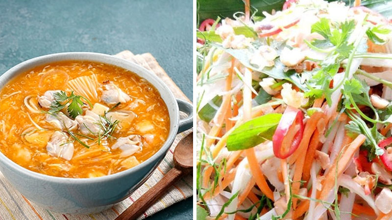 Seafood soup, shredded chicken salad