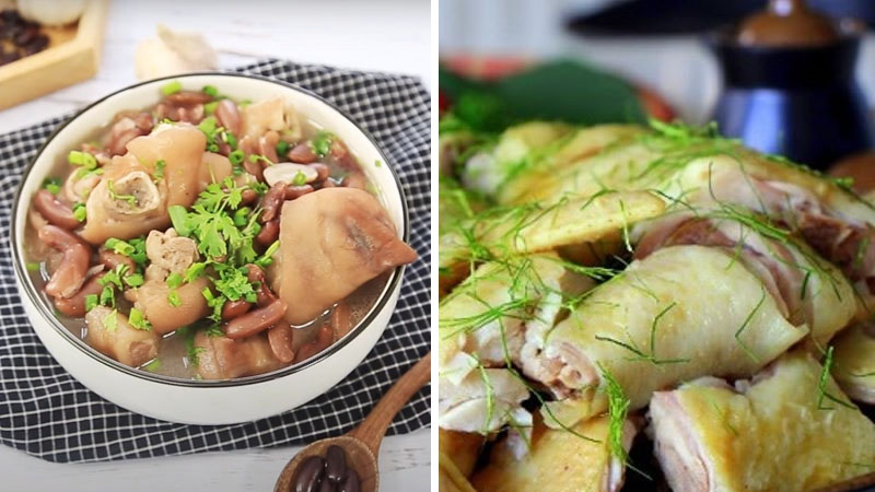 Braised pig's leg with beans, steamed chicken with pandan leaves