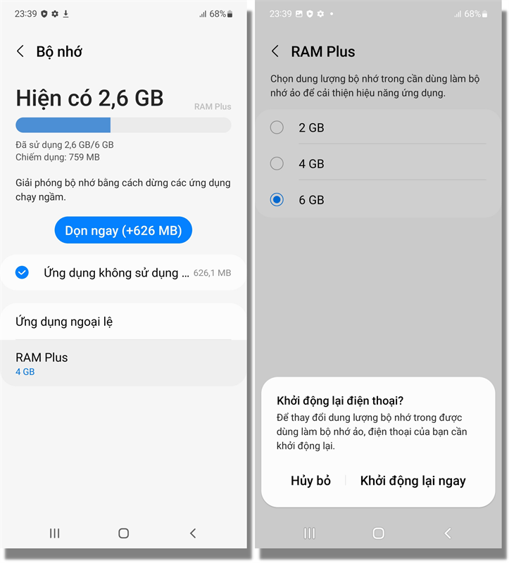 Tính năng RAM Plus trên Galaxy A53 5G, mỗi lần cộng RAM thì bạn sẽ phải khởi động lại máy để có hiệu lực. Tính năng RAM Plus trên Galaxy A53 5G, mỗi lần cộng RAM thì bạn sẽ phải khởi động lại máy để có hiệu lực.