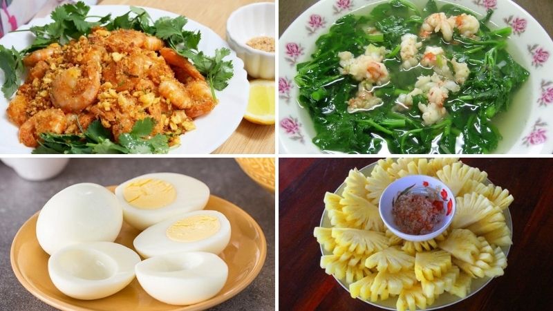 Tôm rang tỏi, canh mồng tơi nấu tôm, trứng gà luộc, dứa (thơm) tráng miệng