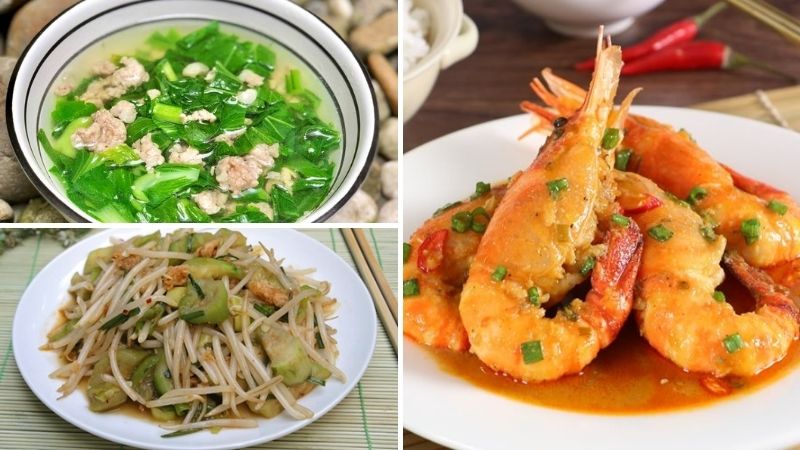 Tôm kho tàu, giá xào mướp, canh cải ngọt thịt bằm