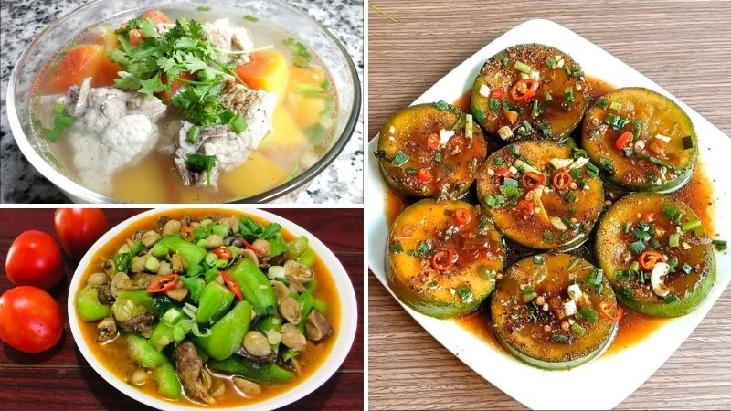 Mướp xào nấm, bầu kho tiêu, canh đu đủ hầm xương