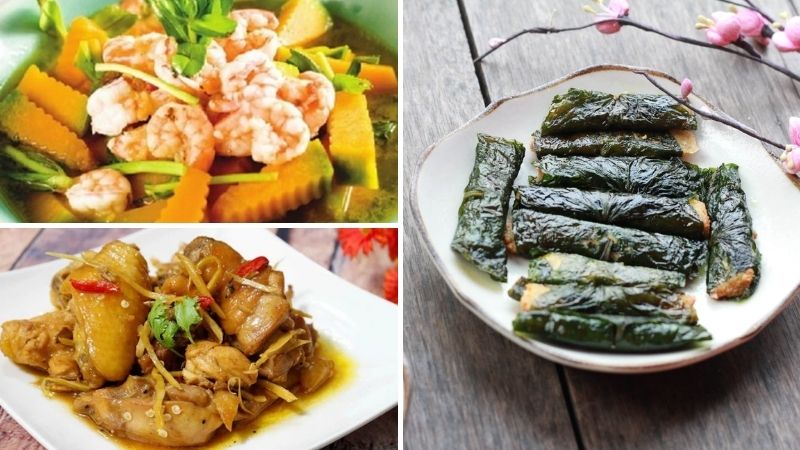 Gà kho gừng, canh bí đỏ tôm tươi, chả lá lốt