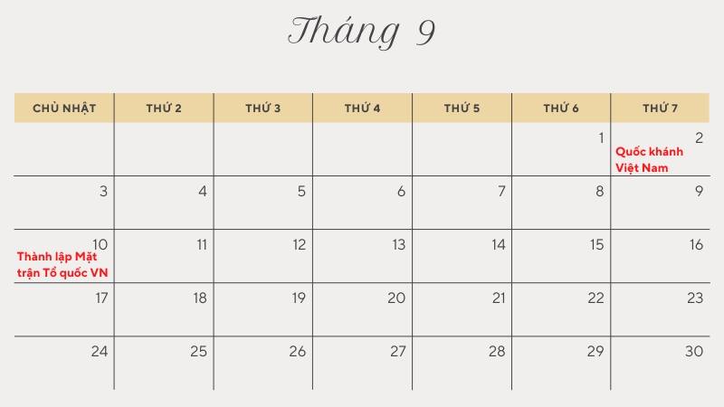 Ngày lễ, kỷ niệm Việt Nam trong tháng 9
