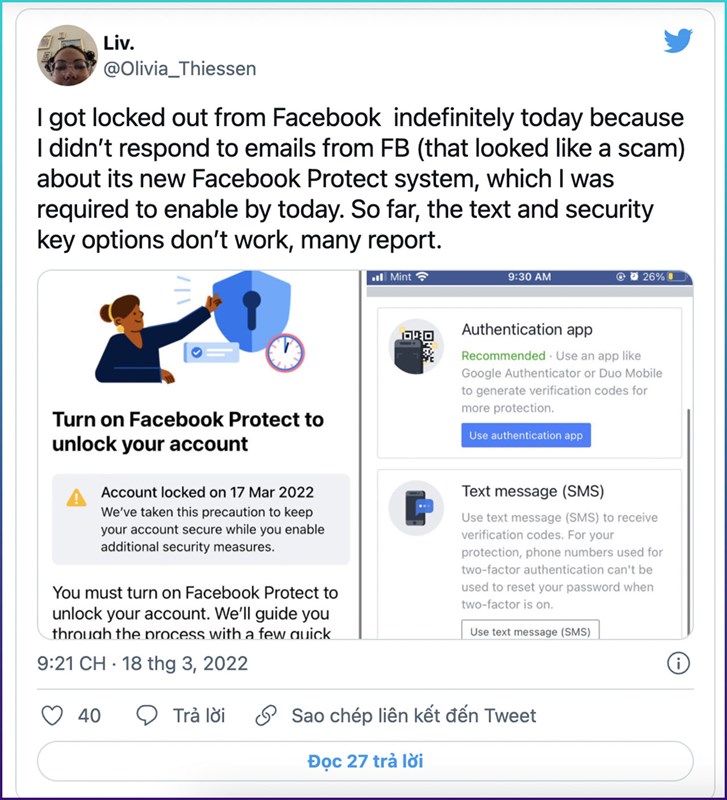 Facebook tiếp tục khóa tài khoản chưa kích hoạt Facebook Protect