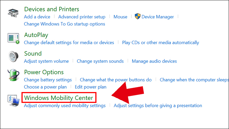 Select Windows Mobility Center