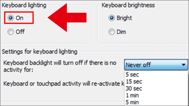 Select On to turn on the laptop keyboard backlight or Off to turn it off and press OK to save the settings