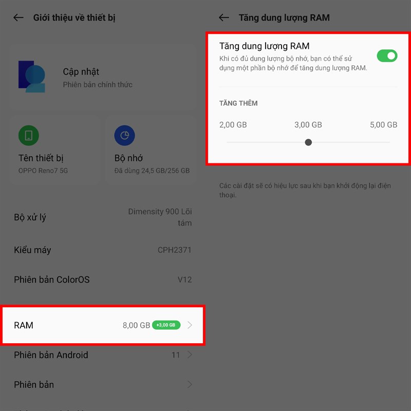 Cách mở RAM ảo trên OPPO Reno7 series
