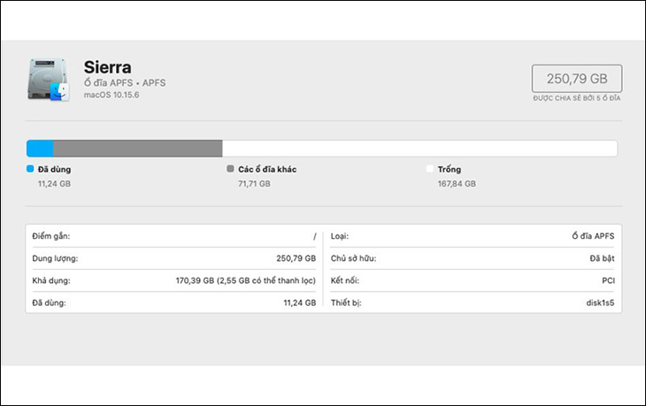 Bạn có thể thấy được toàn bộ dung lượng ổ nhớ bao gồm: Thành phần đã sử dụng, còn trống, hệ điều hành,...