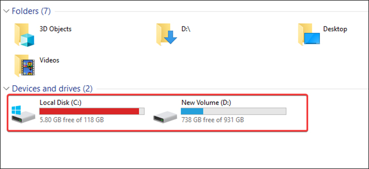 tại mục Devices and drives, bạn có thể theo dõi được dung lượng ổ nhớ.