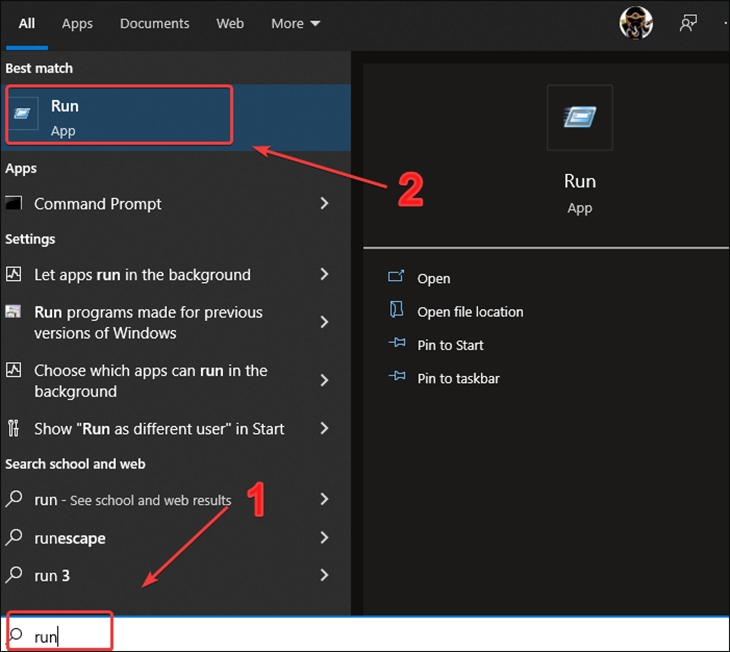 Bạn hãy nhập từ khóa Run vào ô tìm kiếm