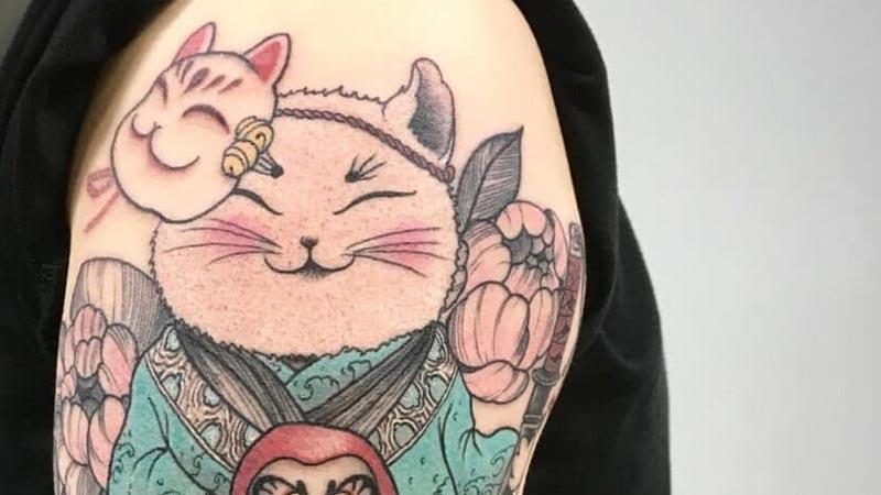 Xăm hình mèo như ý Nhật Bản xứng đáng yêu