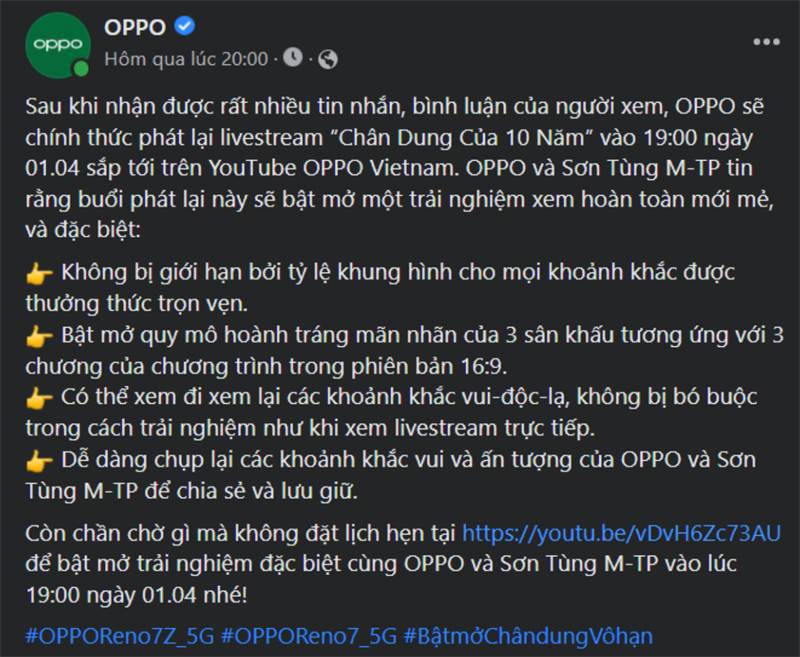 Đón xem sự kiện re-livestream kỷ niệm 10 năm giữa Sơn Tùng MTP và OPPO Đón xem sự kiện re-livestream kỷ niệm 10 năm giữa Sơn Tùng MTP và OPPO