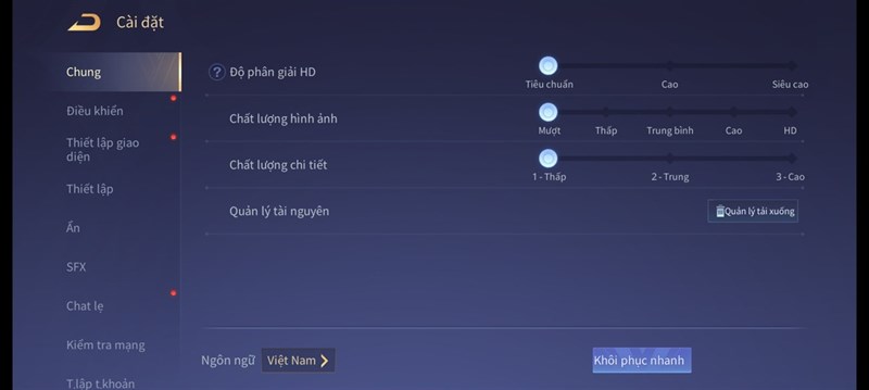 Thiết lập đồ hoạ tựa game Liên Quân Mobile mình chỉnh để test pin Galaxy A23