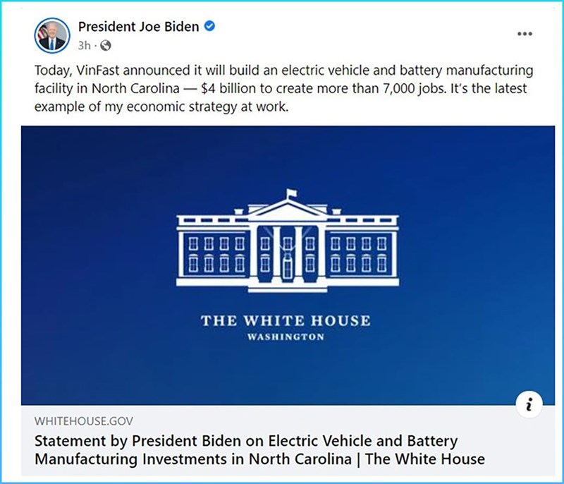 Tổng thống Biden hoan nghênh VinFast xây nhà máy sản xuất ô tô điện ở Mỹ Tổng thống Biden hoan nghênh VinFast xây nhà máy sản xuất ô tô điện ở Mỹ